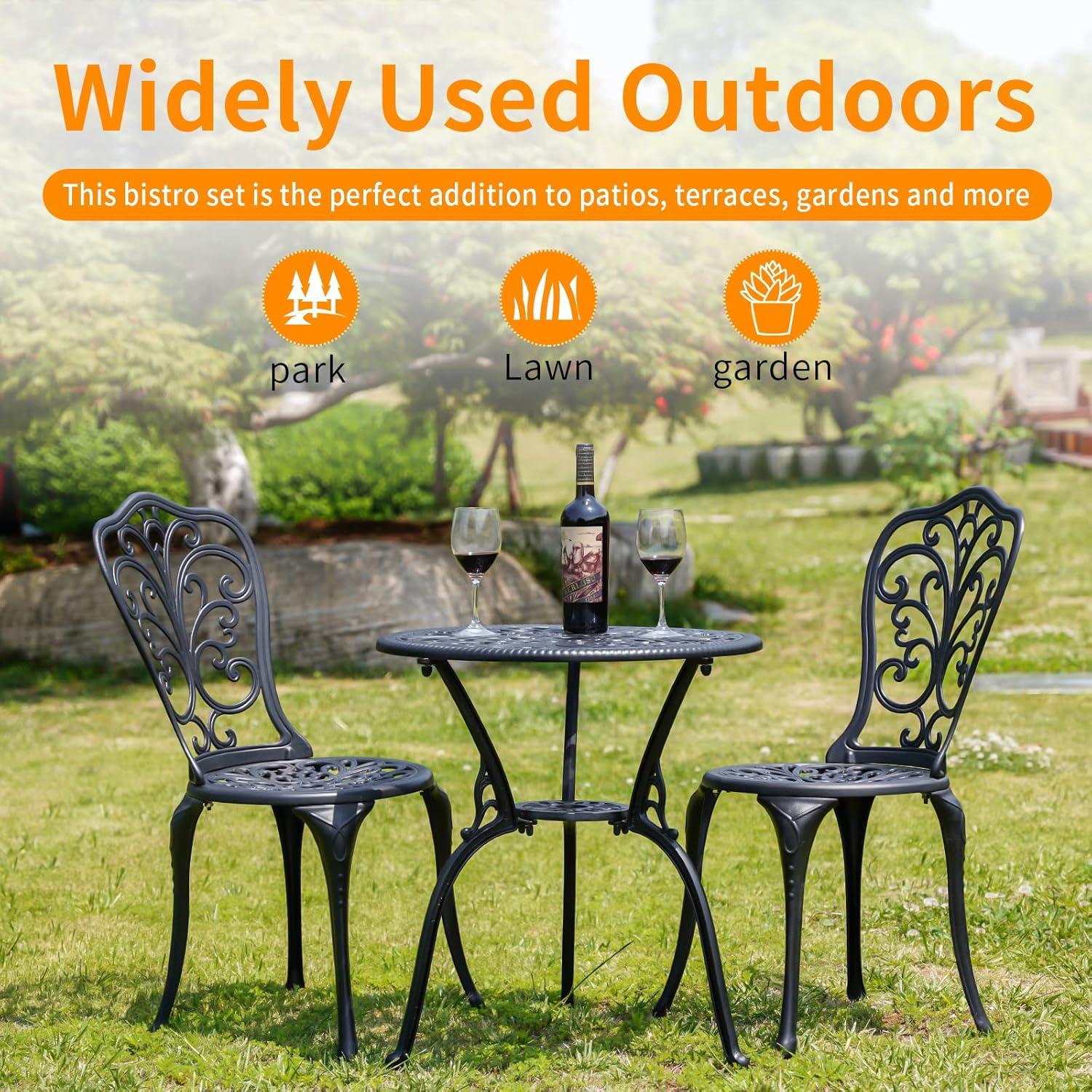 Black Cast Aluminum 3-Piece Outdoor Bistro Set with Floral Design