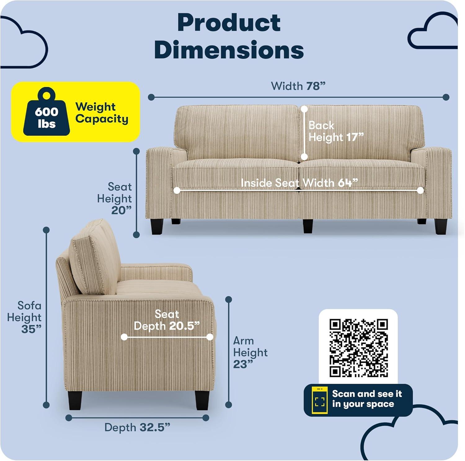 Serta Palisades 78" Track Arm Sofa, Easy Care Fabric, Soft Pillow Back, Pocket Coil Seat Cushions