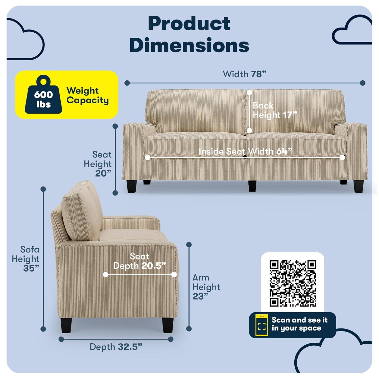 Serta Palisades 78" Track Arm Sofa, Easy Care Fabric, Soft Pillow Back, Pocket Coil Seat Cushions