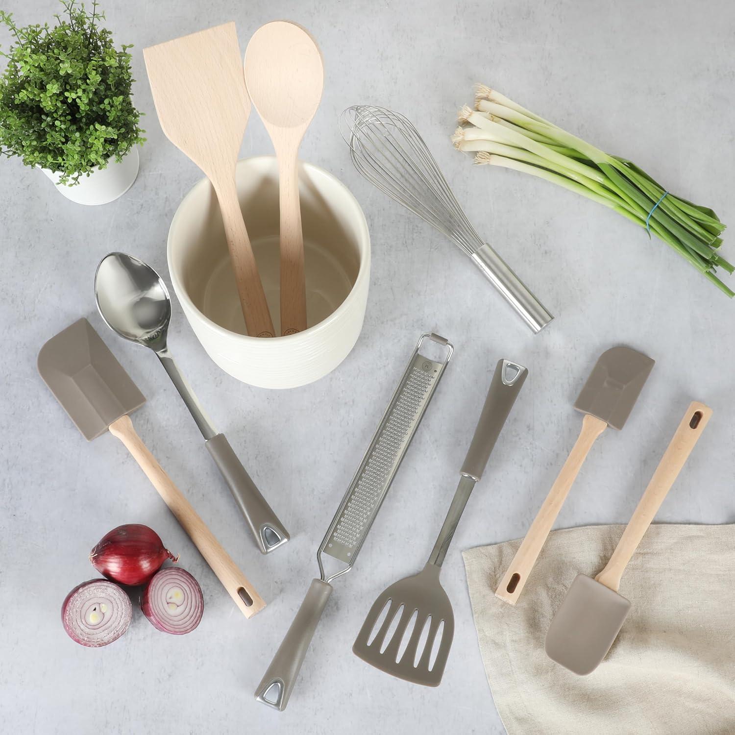 Linen White Ceramic Crock with Grey Kitchen Tools Set