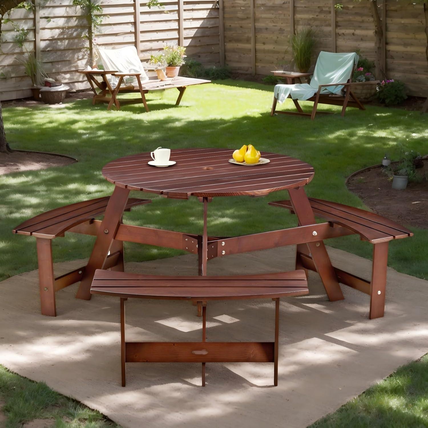 6 Person Wood Picnic Table, Outdoor Round Picnic Table with 3 Built-in Benches, Umbrella Hole, Outside Table and Bench Set for Patio, Backyard, 500lbs Capacity Per Bench (Brown)