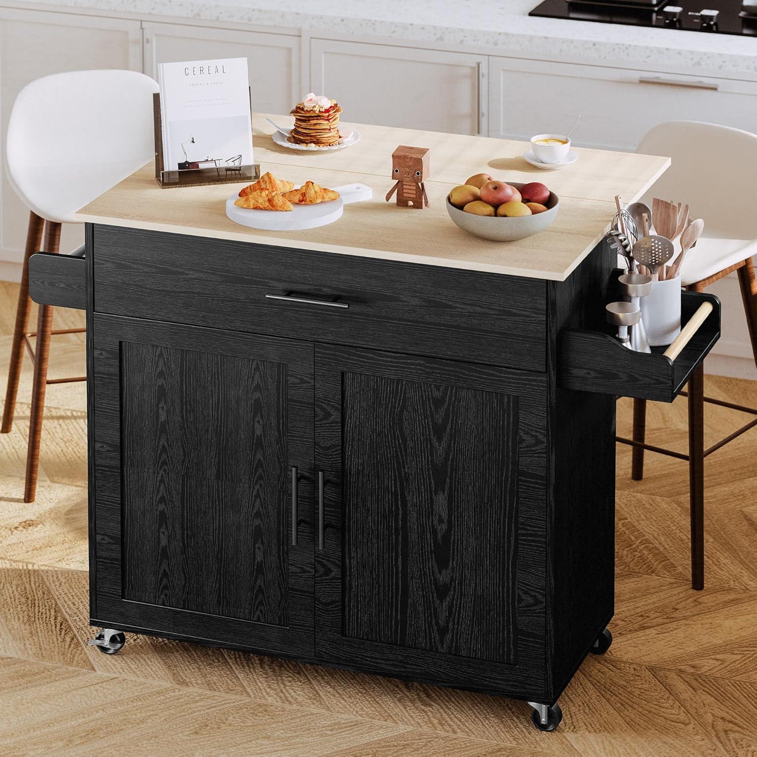IRONCK Rolling Kitchen Island Cart on wheels with Storage Cabinet, Drawer, 3 Spice Rack,Black