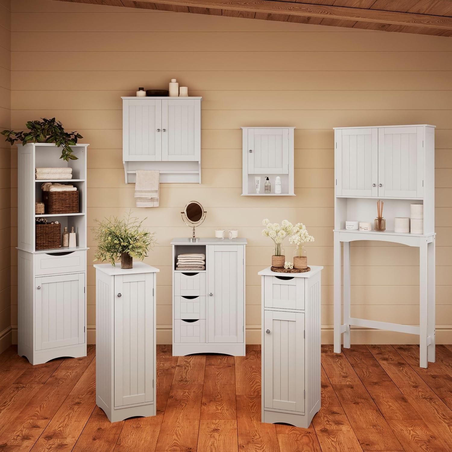 RiverRidge Ashland Tall Bathroom Storage Linen Cabinet and Organizer with Drawer and Shelves