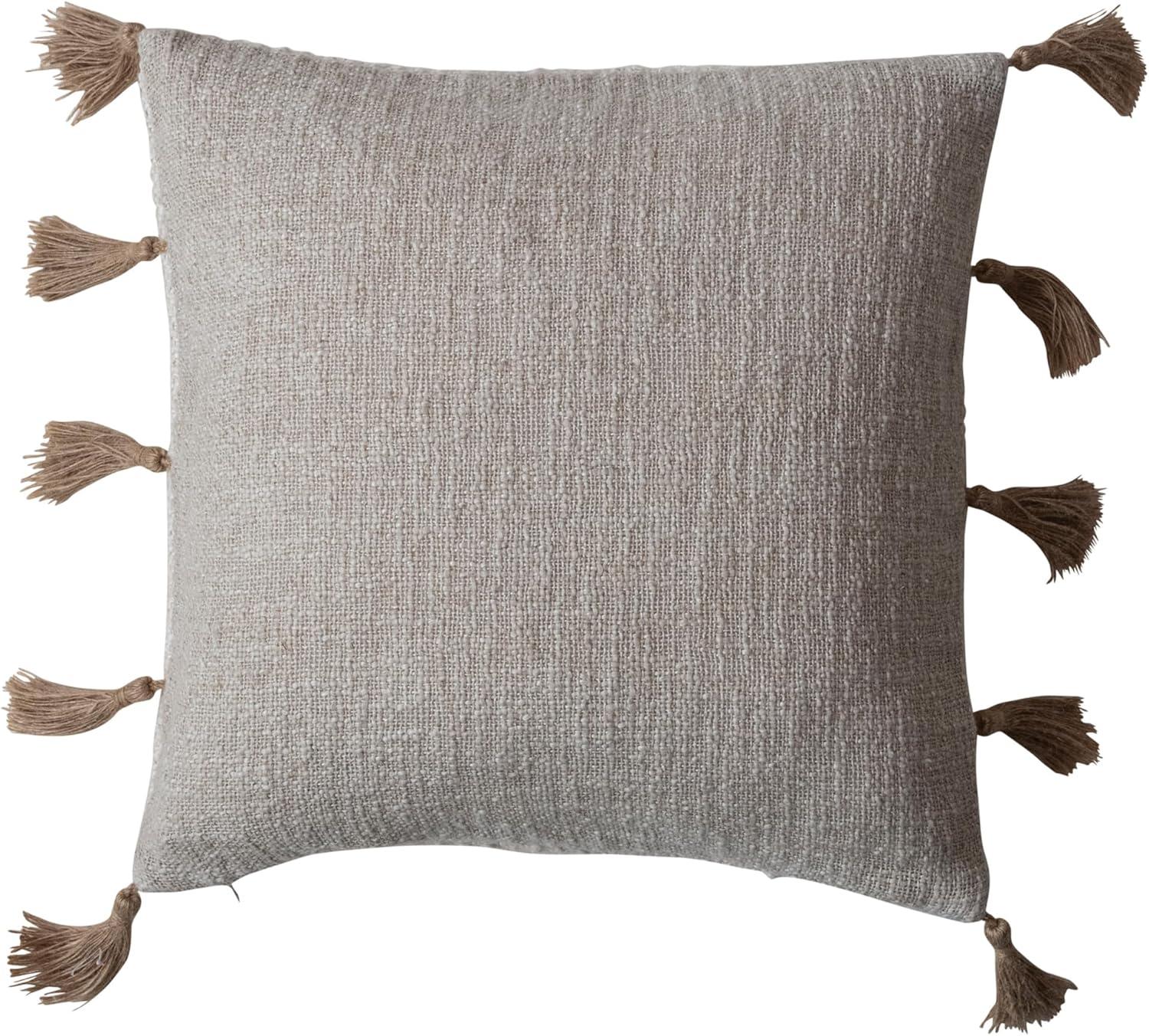 Natural Cotton Linen Blend Square Pillow with Jute Tassels