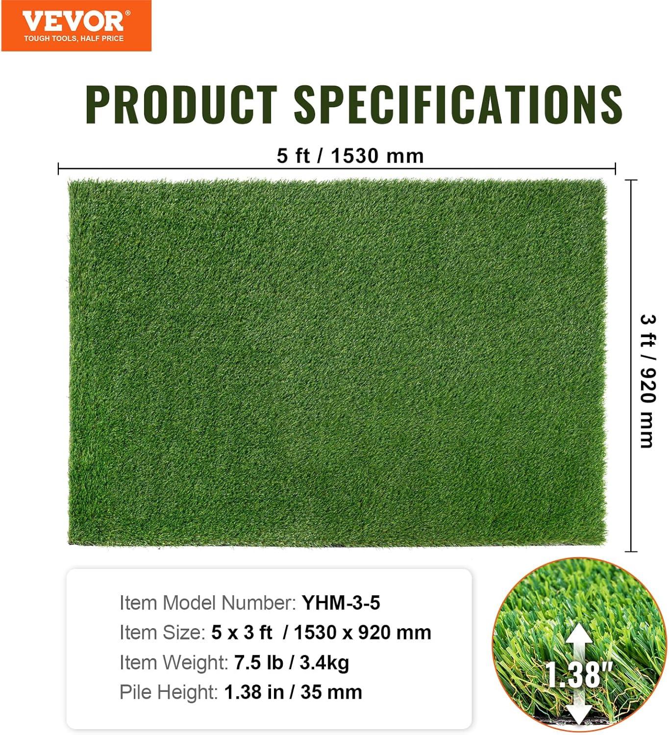 VEVOR 3 x 5 ft UV-Resistant Artificial Grass Turf with Drainage Holes