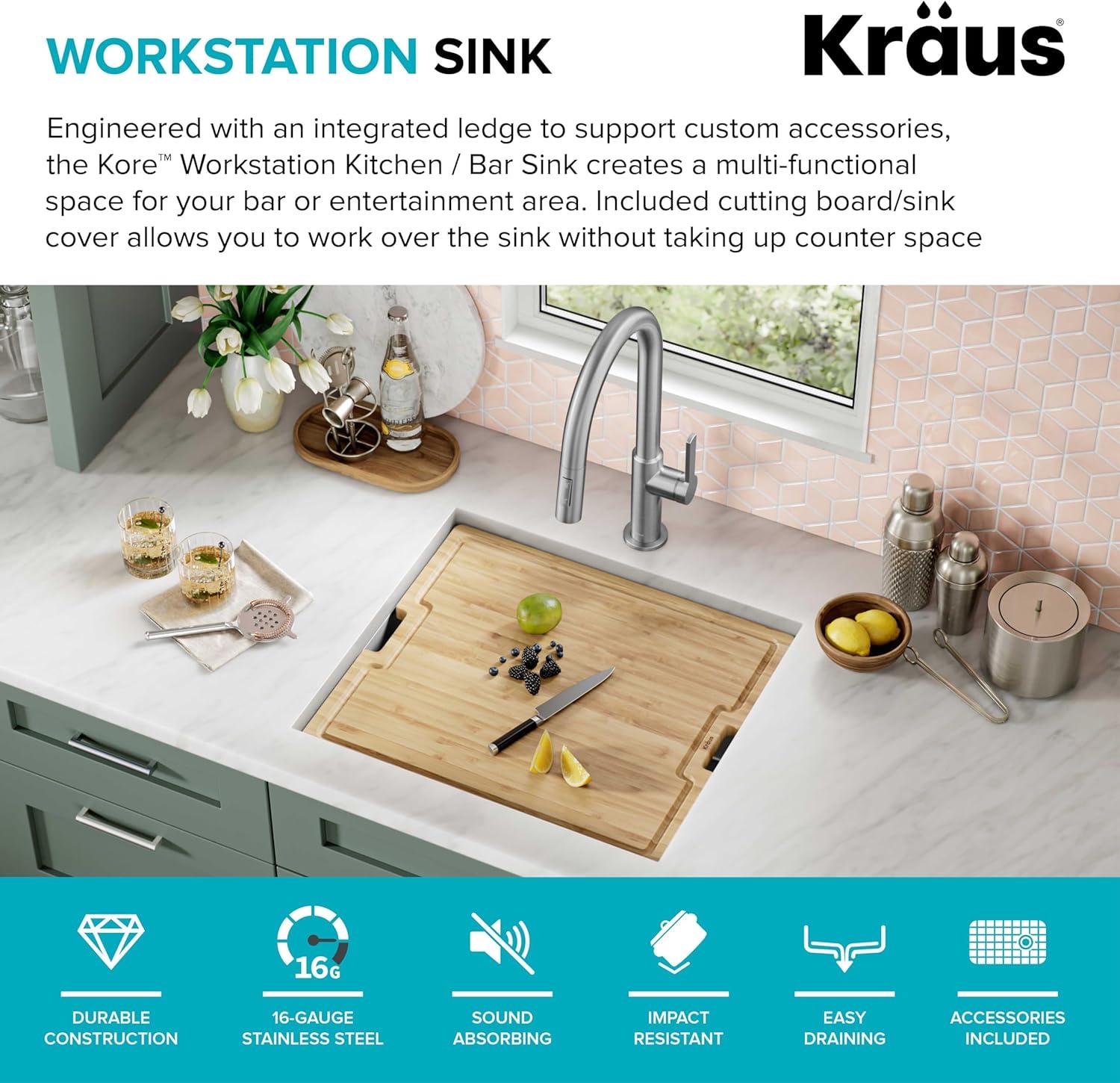 KRAUS Kore™ 21" L Undermount Workstation 16 Gauge Stainless Steel Single Bowl Kitchen Sink with Accessories