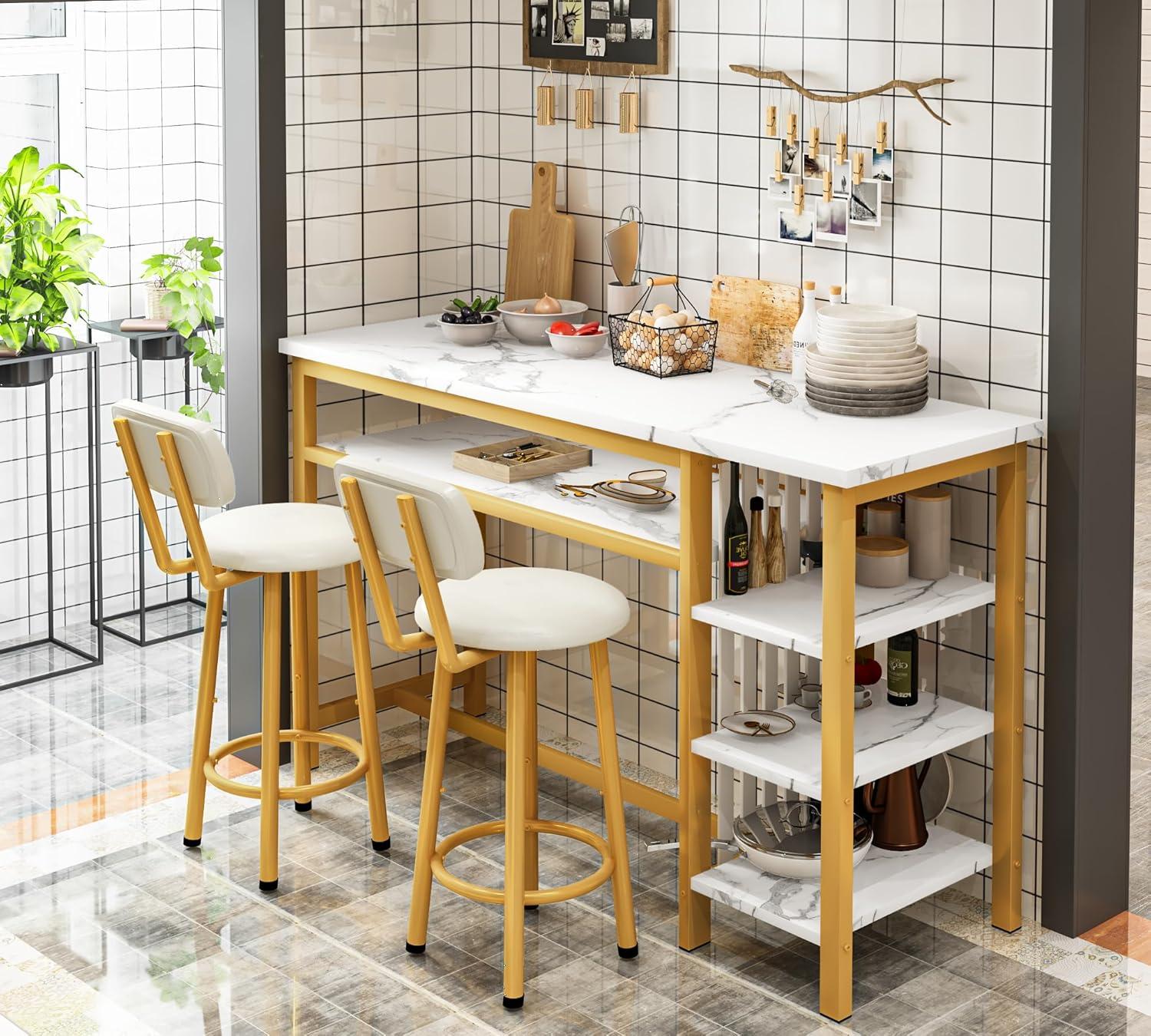 Bar Table and Stools with 3 Shelves, White Faux Marble Table with 2 PU Cushion Bar Stools for Home & Kitchen