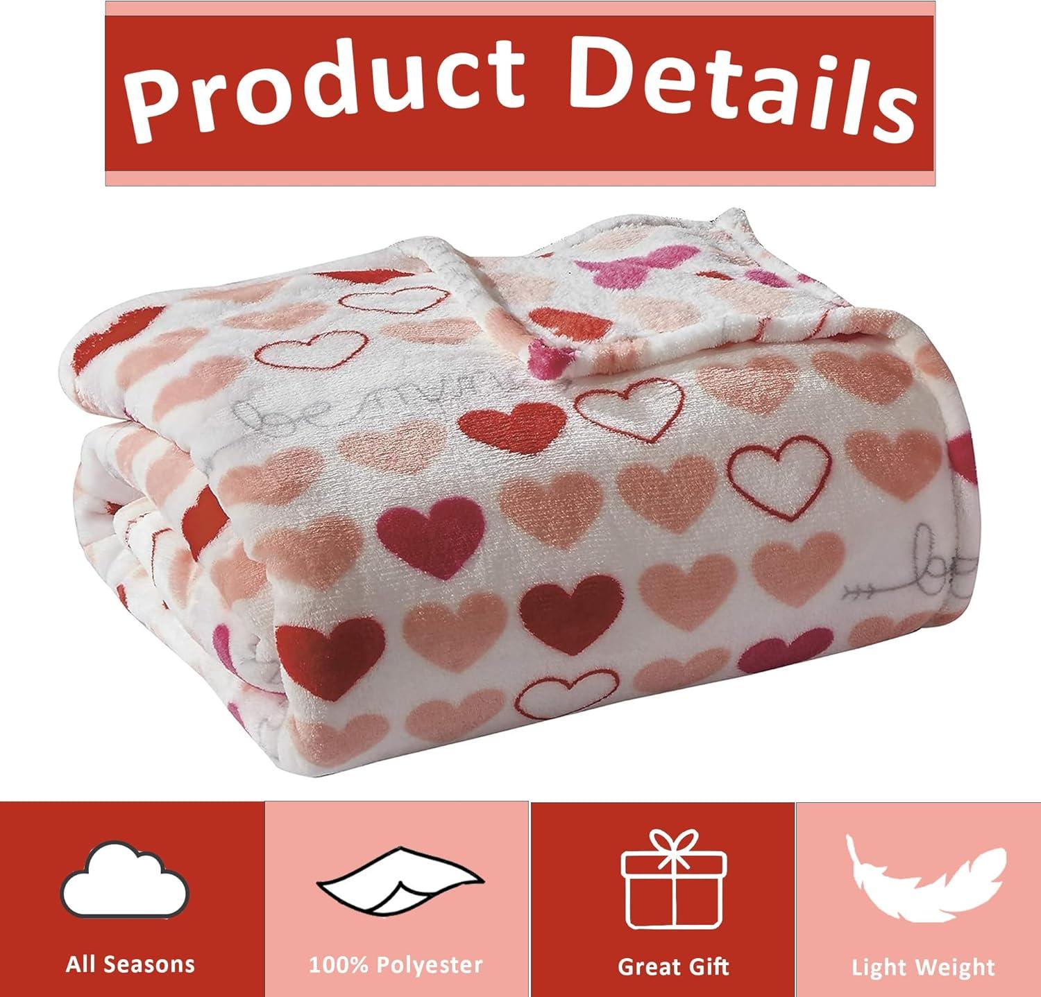 Red Valentines Throw Blanket Pink and Red Hearts Soft Fleece Valentine’s Day Blanket for Couch Sofa Bed 50” x 60”