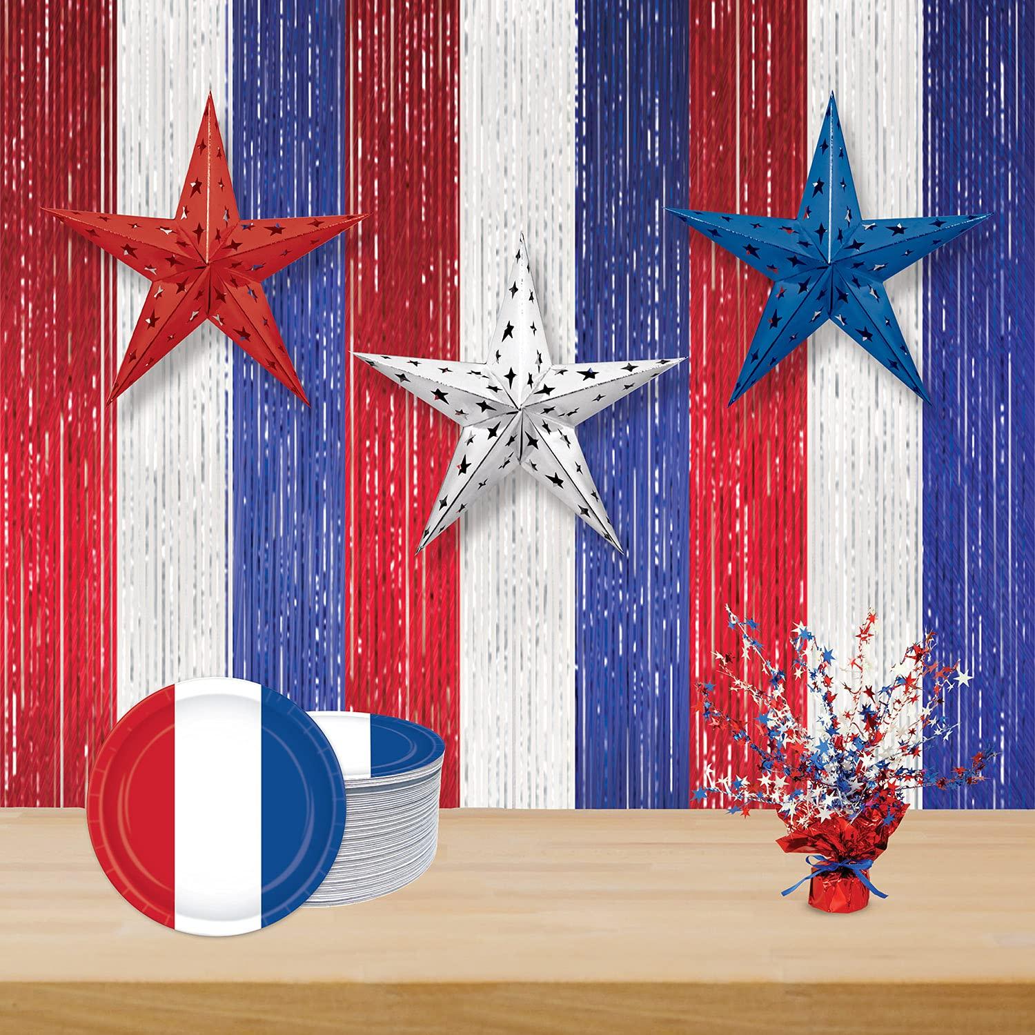 Beistle 8' x 3' 1-Ply Flame Resistant Gleam 'N Curtain Red/White/Blue 2/Pack 55410-RWB