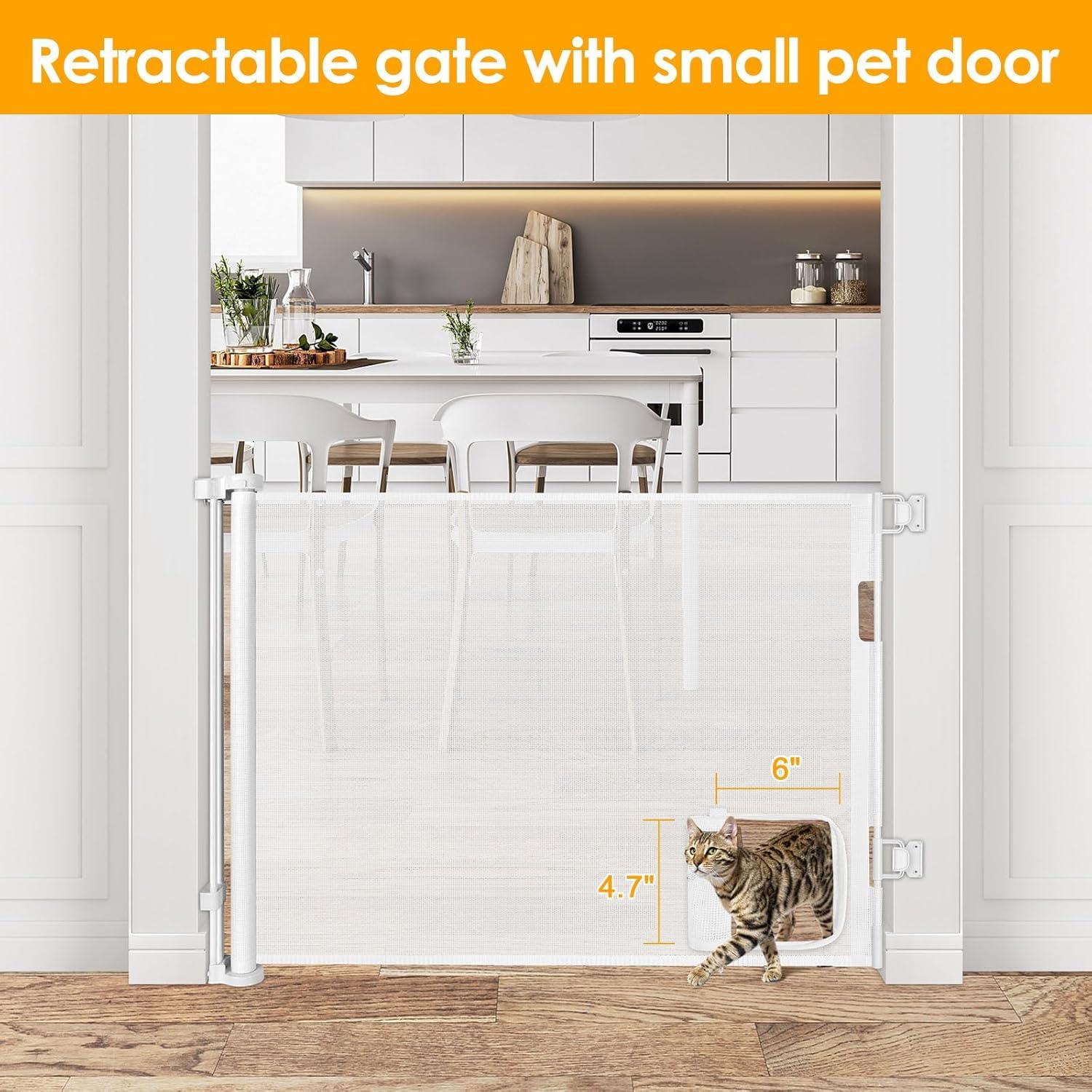 Retractable Baby Gate with Pet Door 55" Wide Retractable Dog Gate with Door Doorway Gate with Cat Door Child Gate with Cat Door Toddler Gate Outdoor Gates for Decks Mesh Baby Gate for Stairs Pet Gate