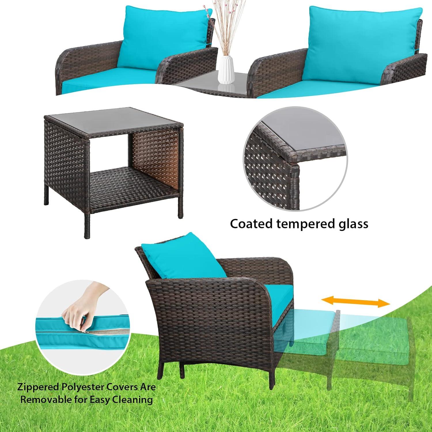 Lake Blue PE Wicker 5-Piece Patio Set with Glass Table