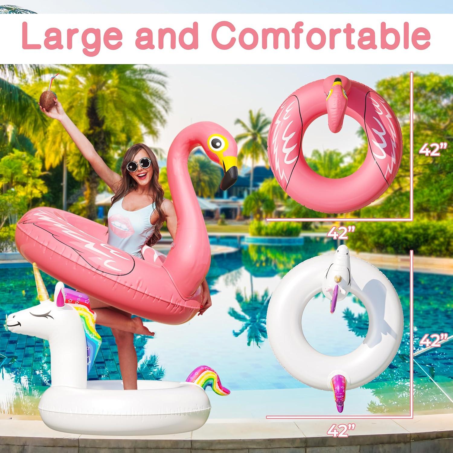 Joyfy 2 Packs Pool Floats Tube, Inflatable Unicorn Flamingo Pool Toys Floaties with Headrest, Pool Swim Ring for Kids Adults Beach Lake Summer Fun