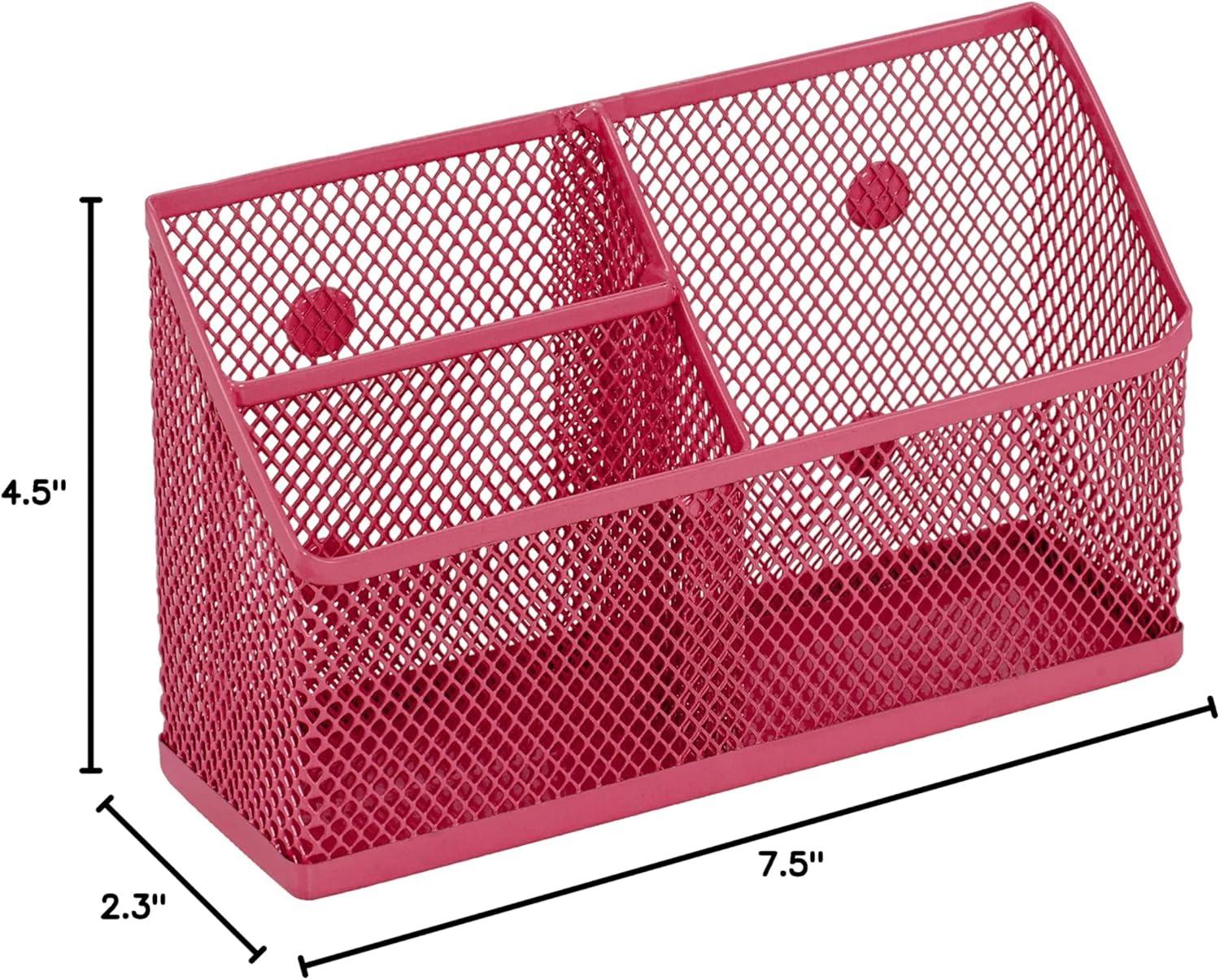 LockerMate Magnetic Pencil Holder, Locker Organizer with 3 Mesh Storage Compartments, Pink