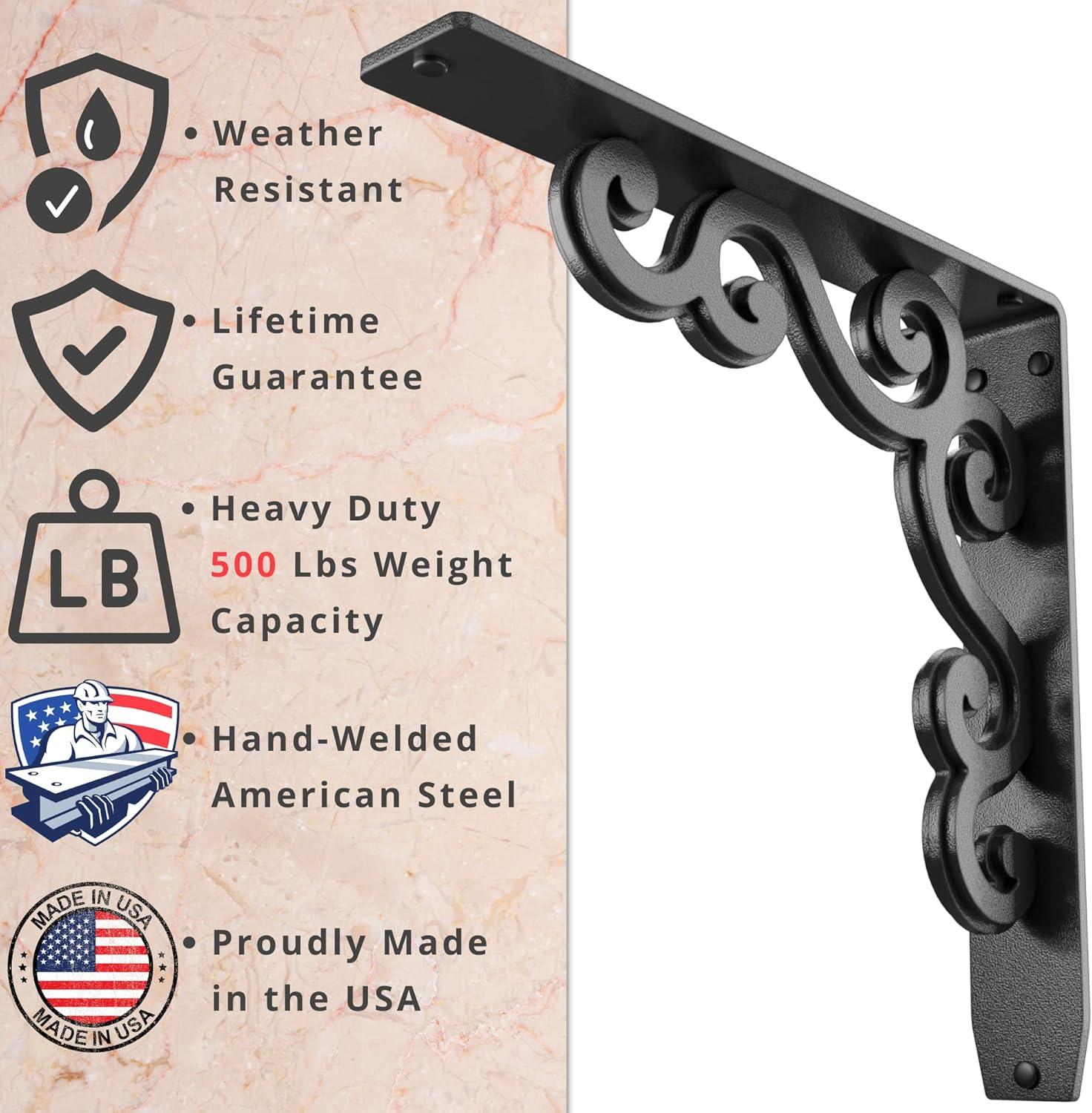 Charleston Heavy Duty Steel Fireplace Mantel Brackets, Floating Shelf, Countertop Support - 12" x 12" x 2"