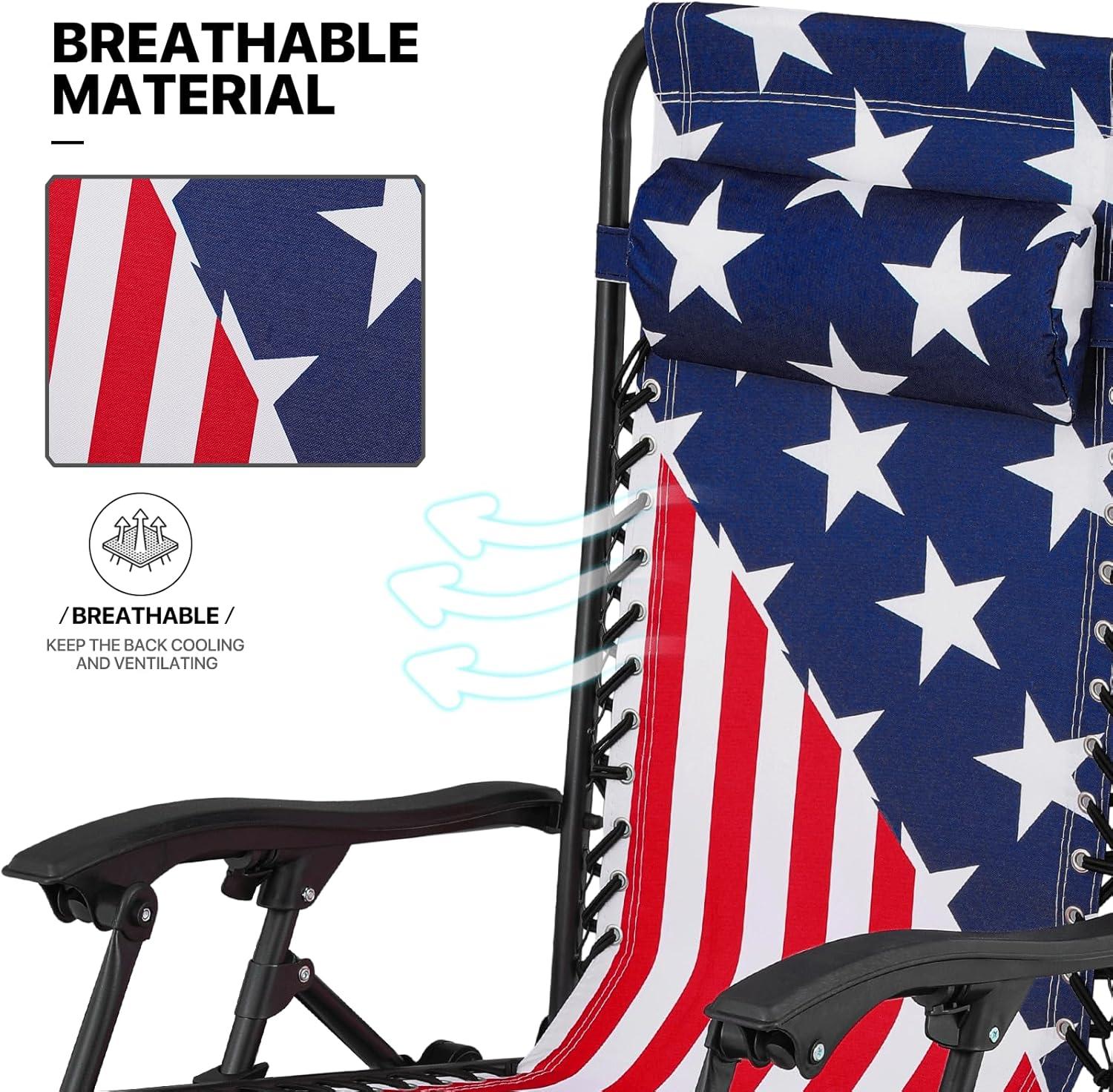 MoNiBloom Zero Gravity Lounge Chairs, Outdoor Patio Folding Beach Recliners with Headrest and Foot, American Flag