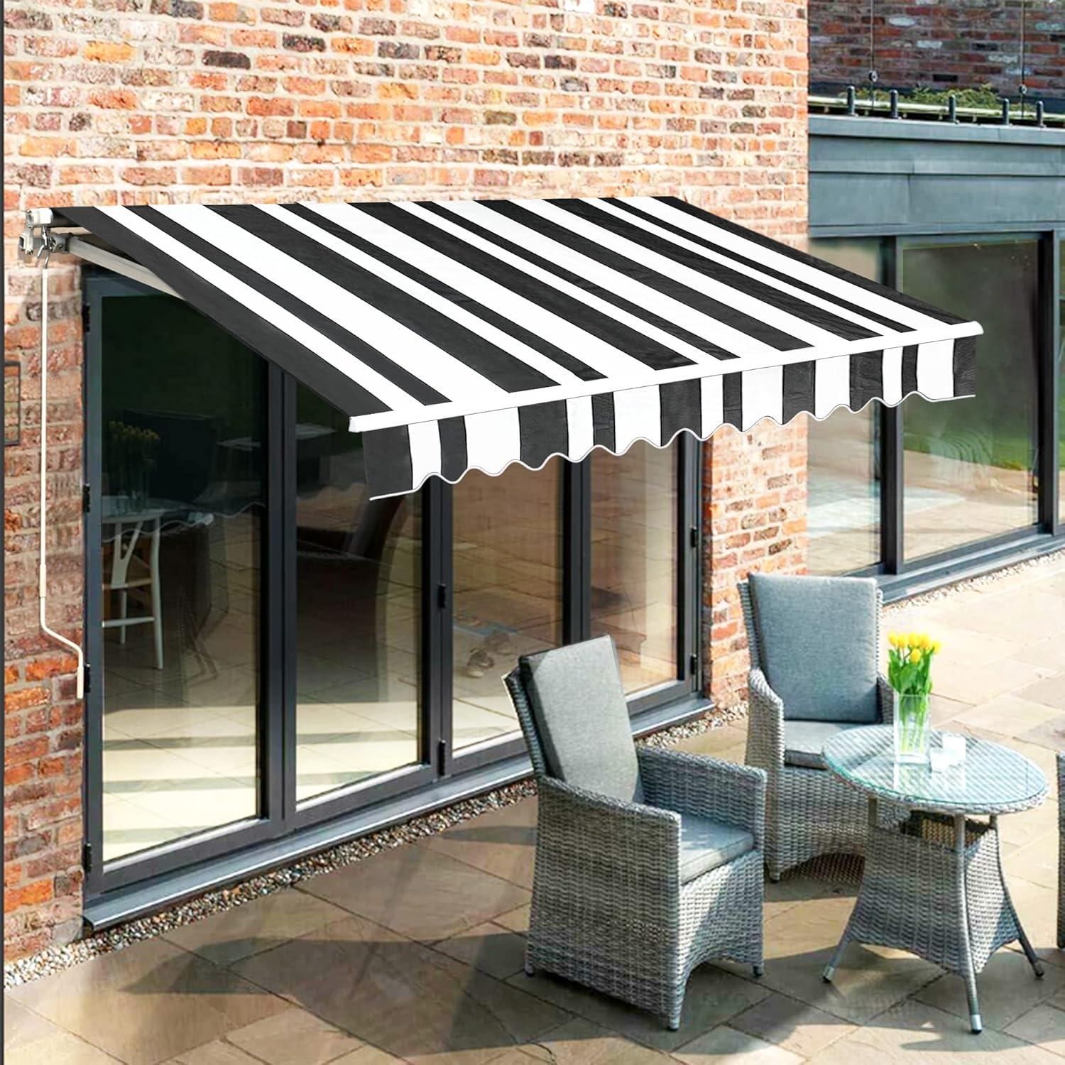 Large White and Black Striped Polyester Retractable Outdoor Canopy
