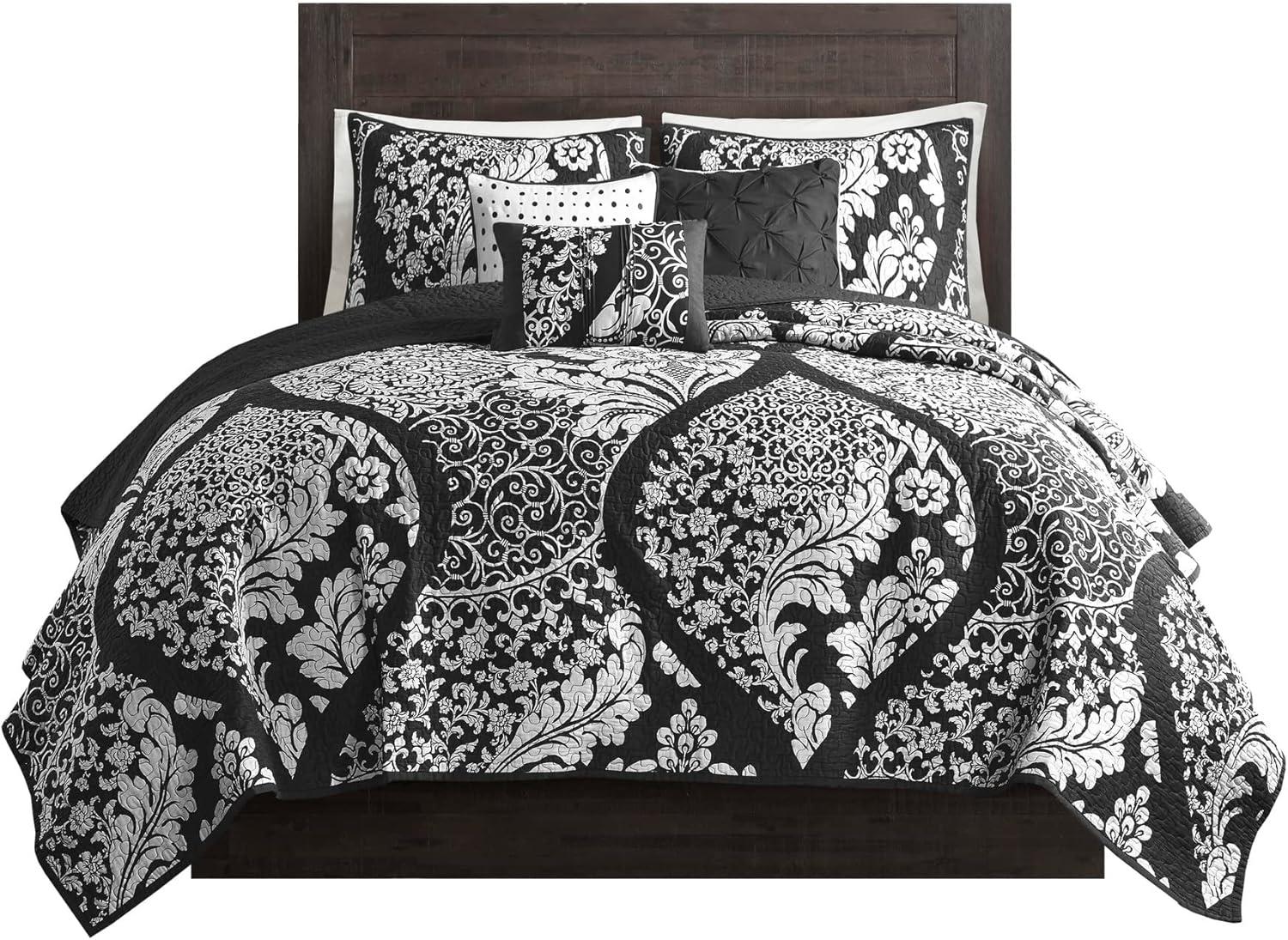 King Black Cotton Reversible Quilt Set with Decorative Pillows