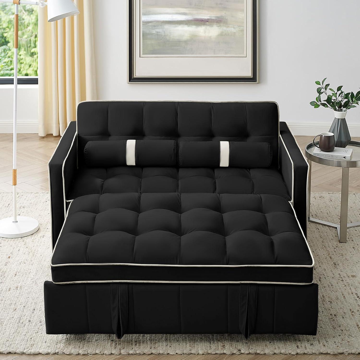 3 in 1 Convertible Sleeper Sofa Bed,55" Modern Velvet Sofa Couch Bed with 2 Lumbar Pillows and Adjsutable Backrest,2 Seater Loveseats Sofa for Apartment Office Living Room,Black