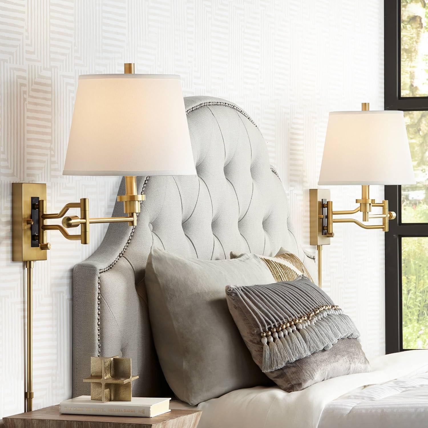 Brushed Satin Brass Swing Arm Wall Lamps with White Linen Shades