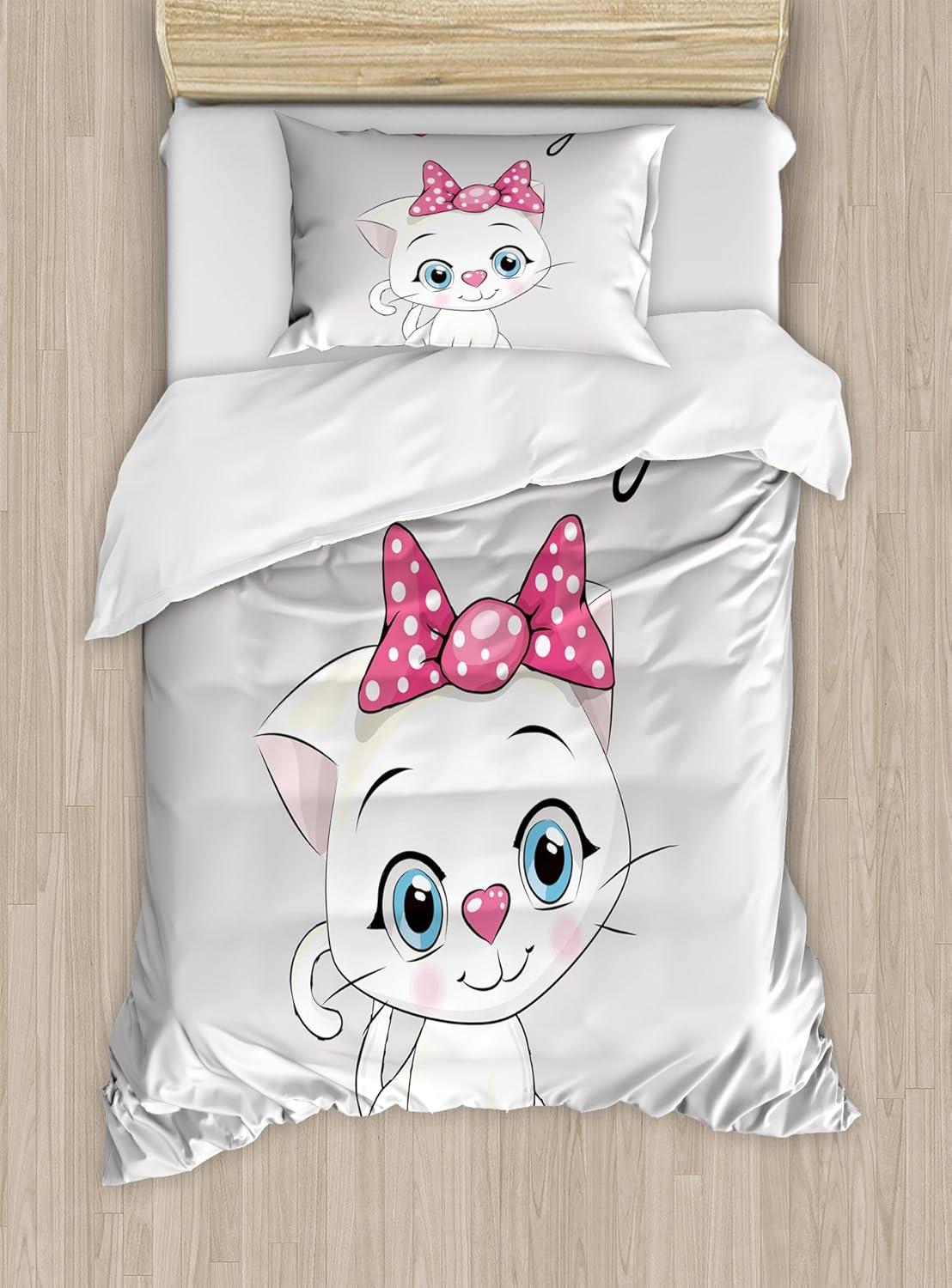 Twin Cartoon White Cat Duvet Cover Set with Pink Bow