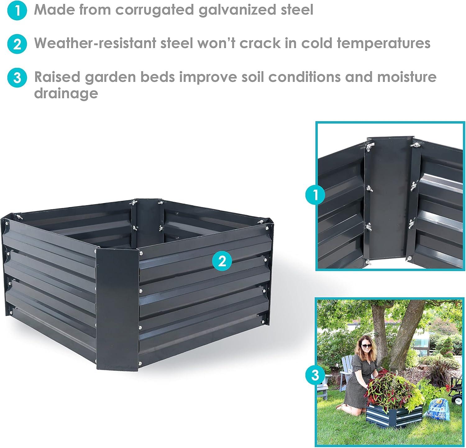 Sunnydaze Corrugated Galvanized Steel Raised Garden Bed for Plants, Vegetables, and Flowers - 24" Square x 11.75" H