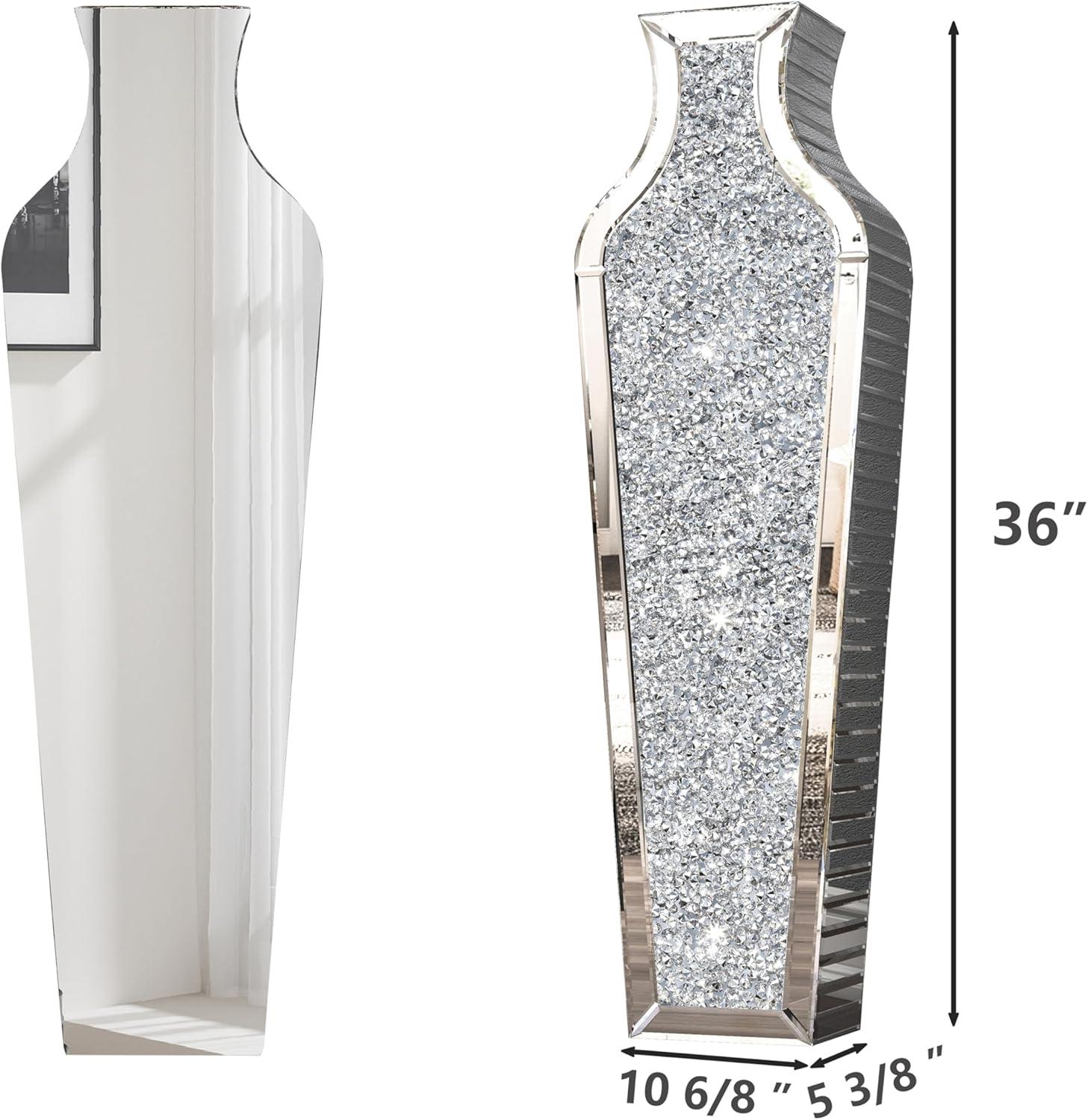 Tall Silver Mirrored Glass Floor Vase with Crushed Diamond