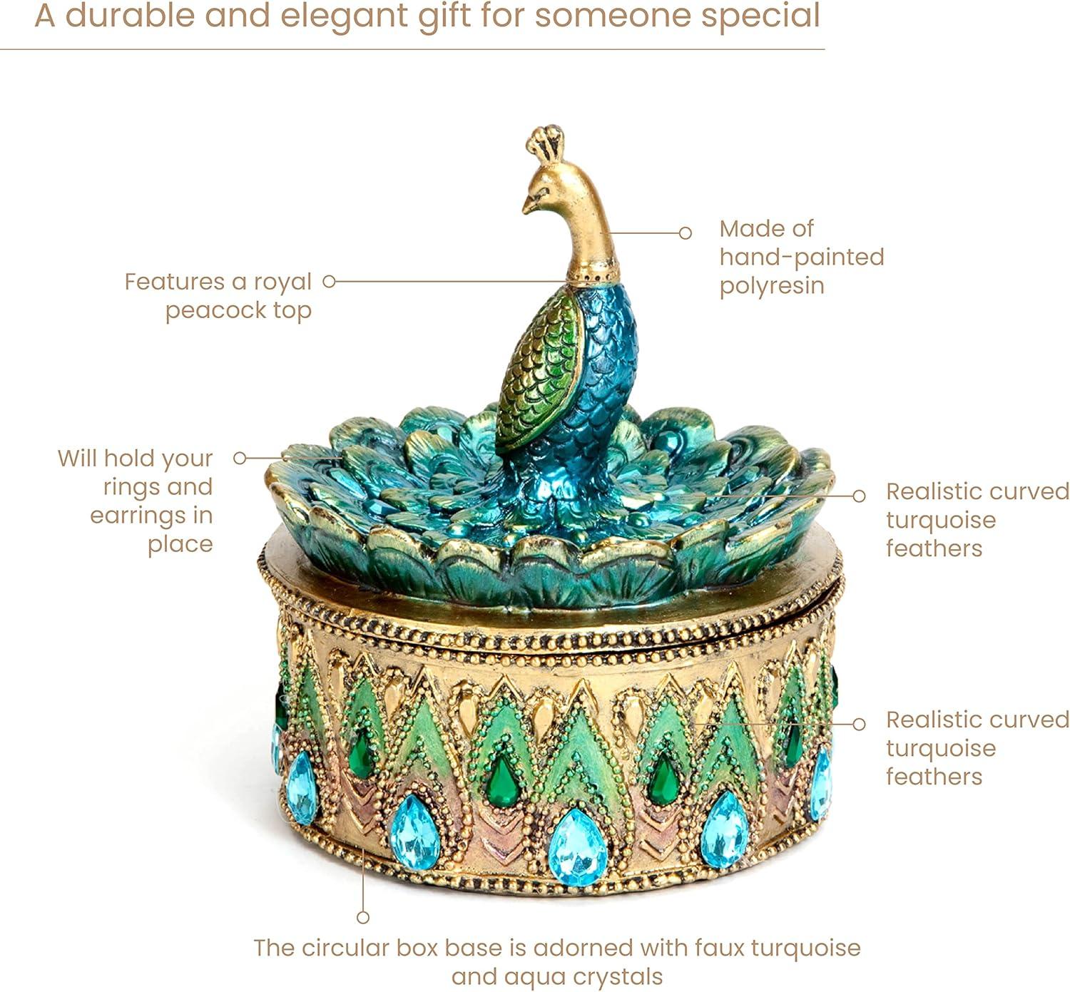 Bits and Pieces - Peacock Keepsake Box - Peacock Art - Golden Jewelry Box