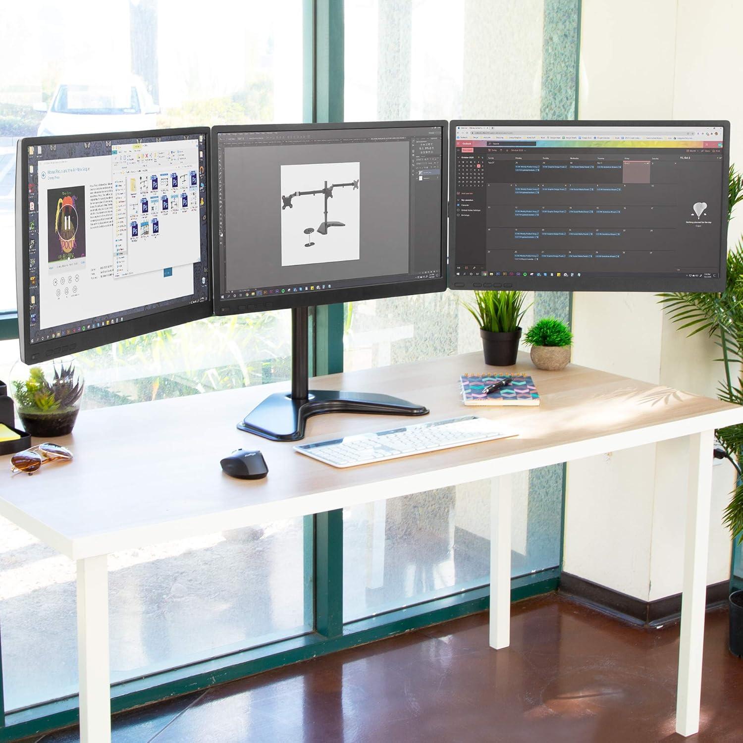 Black Metal Triple Monitor Desk Stand with Adjustable Arms