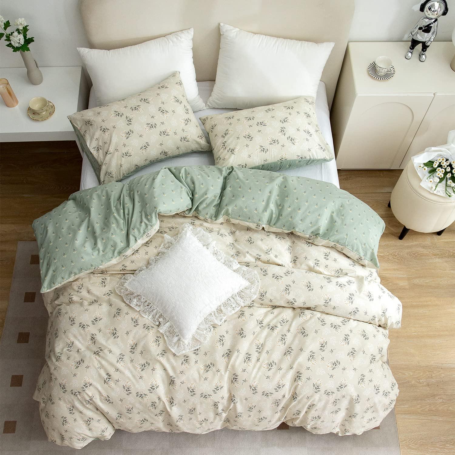 Floral Comforter Set King 3 Pieces Soft Chic Garden Style Green Floral Print Lightweight Botanical Flower Comforter Set for All Seasons 1 Comforter and 2 Pillowcases