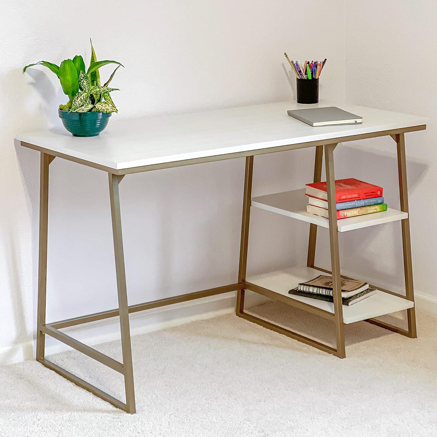 White and Gold Reversible Stepped Tier Shelf Desk