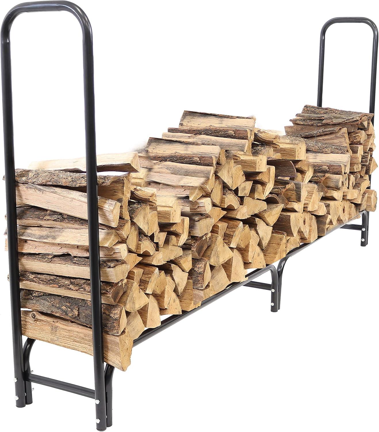 Sunnydaze Indoor/Outdoor Powder-Coated Steel Fire Pit or Fireplace Firewood Log Rack Holder - 8' - Black