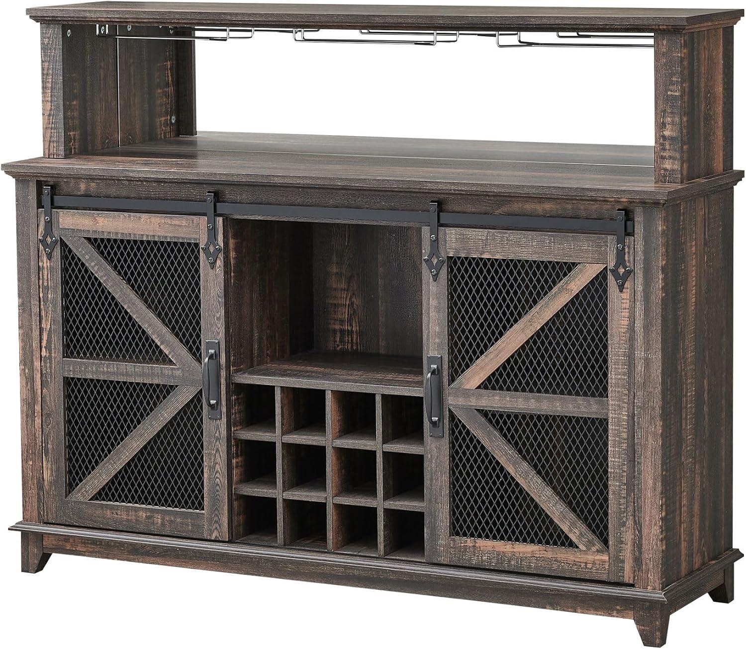 OKD 55" Coffee Bar Cabinet with LED Lights & Sliding Barn Door & Wine and Glass Rack, Wine Bar Cabinet w/Storage Shelves for Dining