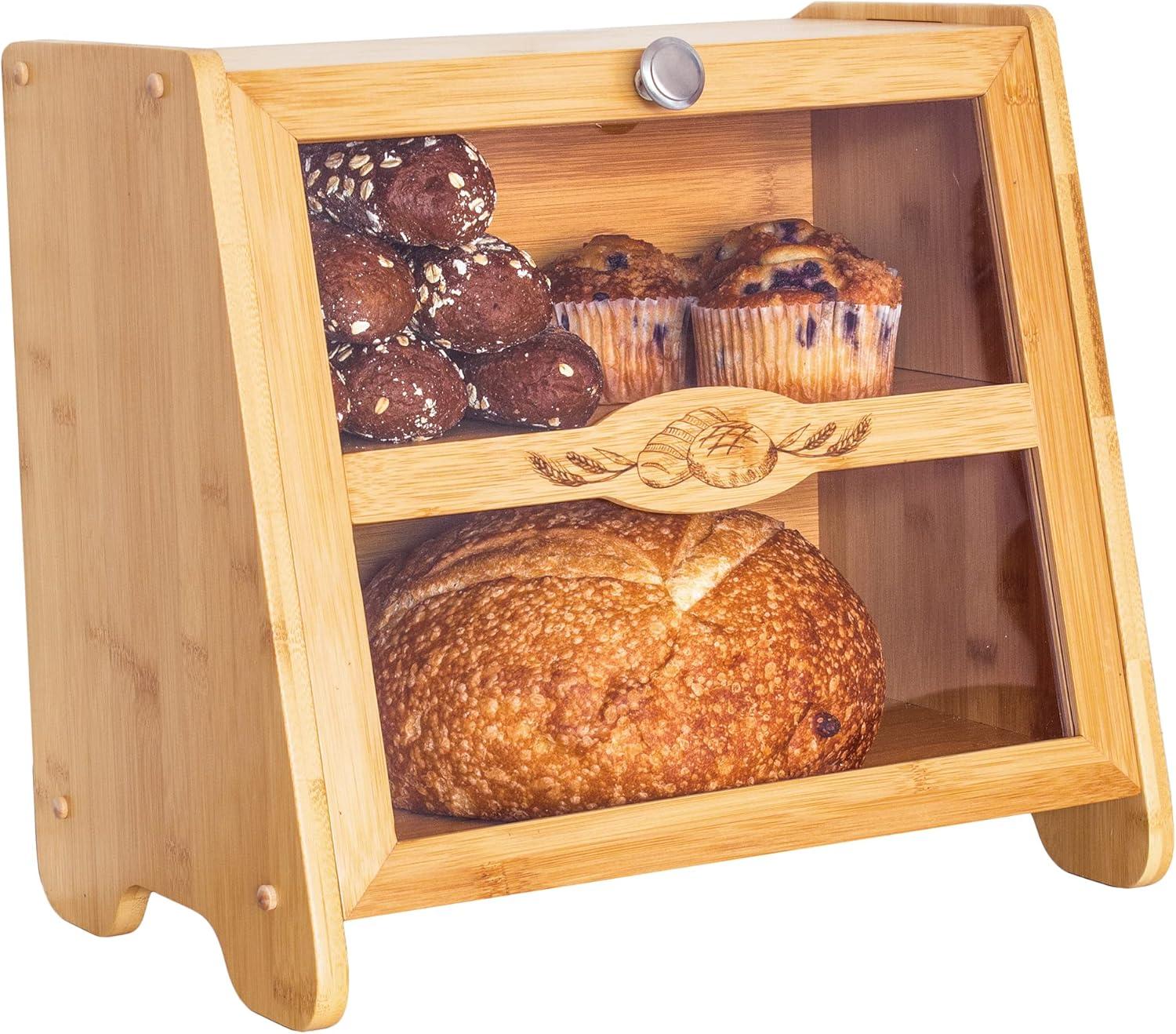 Double Layer Bamboo Farmhouse Bread Box with Window