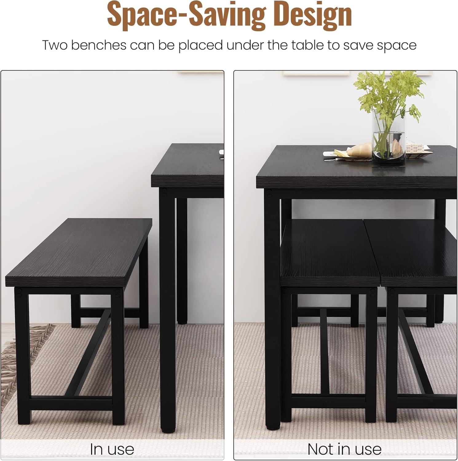 Black Modern Industrial Dining Table Set with Benches