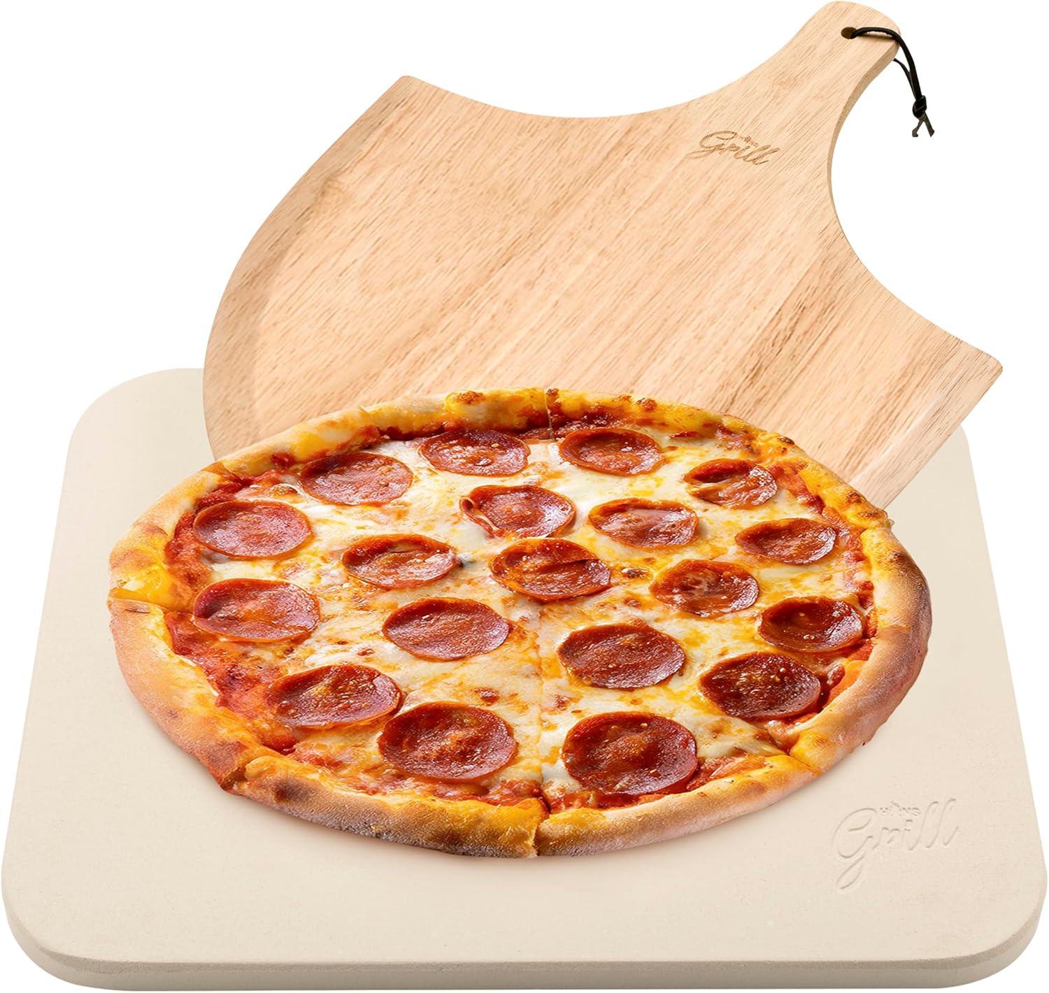 Extra Large Beige Cordierite Pizza Stone with Wooden Peel