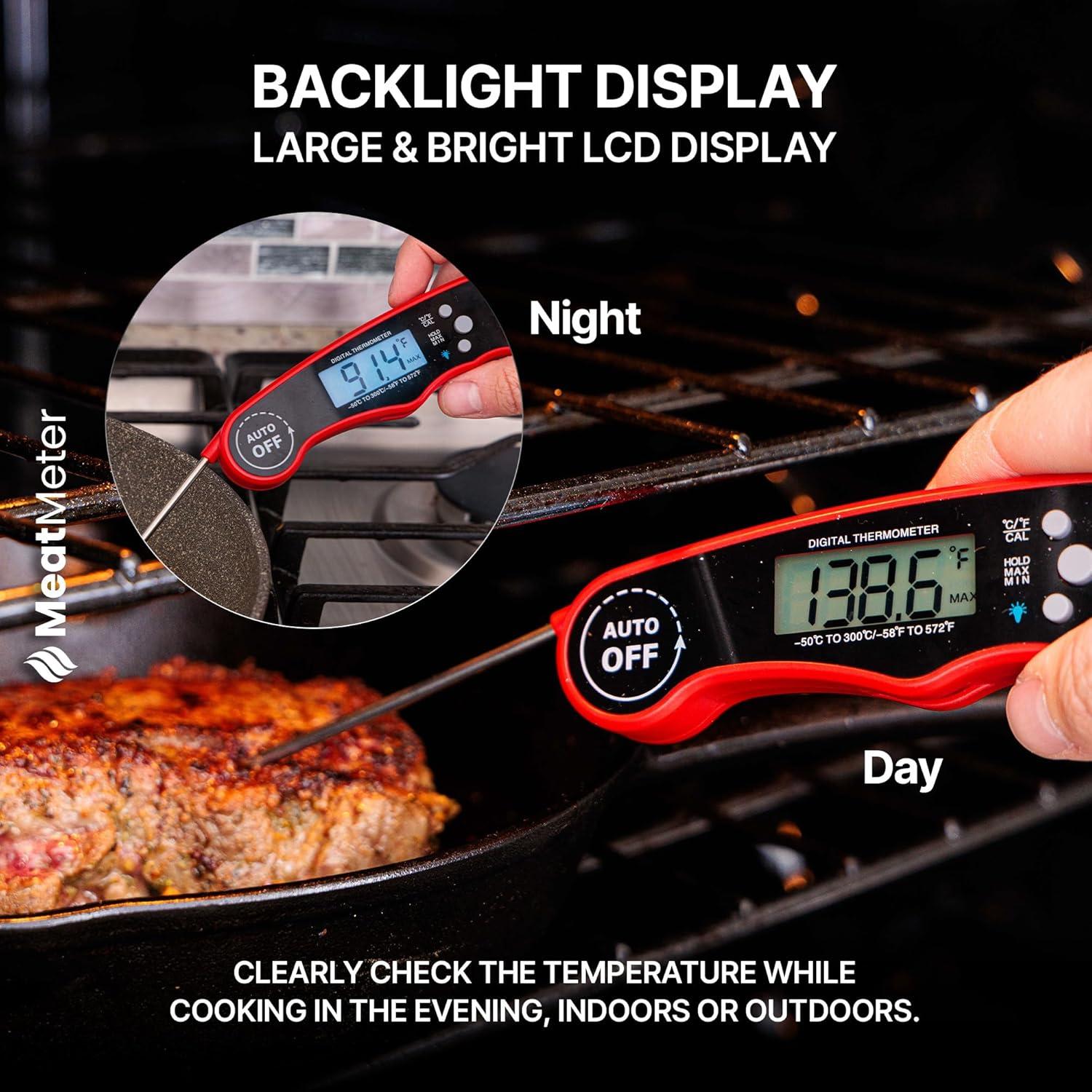 Digital Meat Thermometer for Grill/Cooking Fast Instant Read Waterproof Magnetic Probe Thermometer w/Backlight and Display for Kitchen, BBQ, Frying, etc. Chicken, Steak,or Burgers, Red