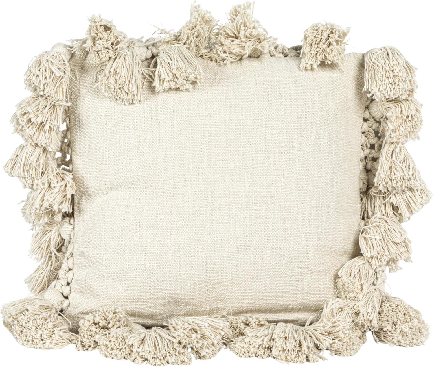 Modern Space-Themed Crochet & Tassel 18" Square Cotton Pillow - Cream