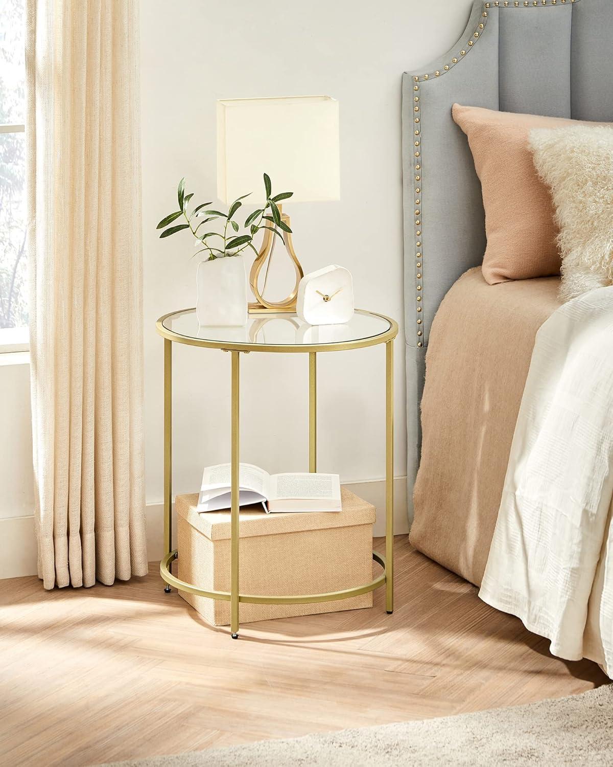 Gold Round Glass End Table with Metal Frame