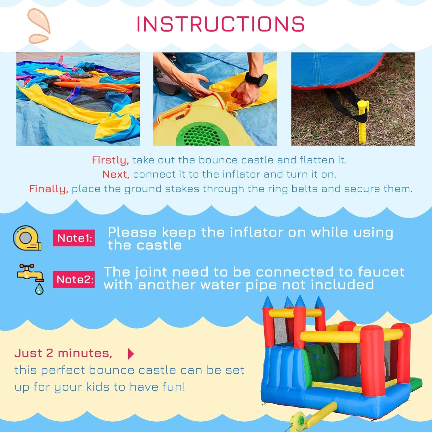 GZMWON Outsunny 6-In-1 Kids Bounce House Inflatable Water Slide With Pool, Water Cannon, Climbing Wall, Inflator Included, Jumping Castle Kids Backyard Activity Outdoor Water Play Toy