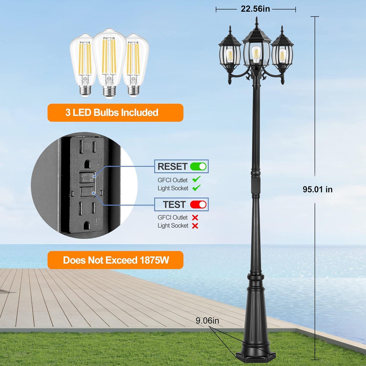 Classic Black 3-Head Outdoor Lamp Post with Clear Glass Panels