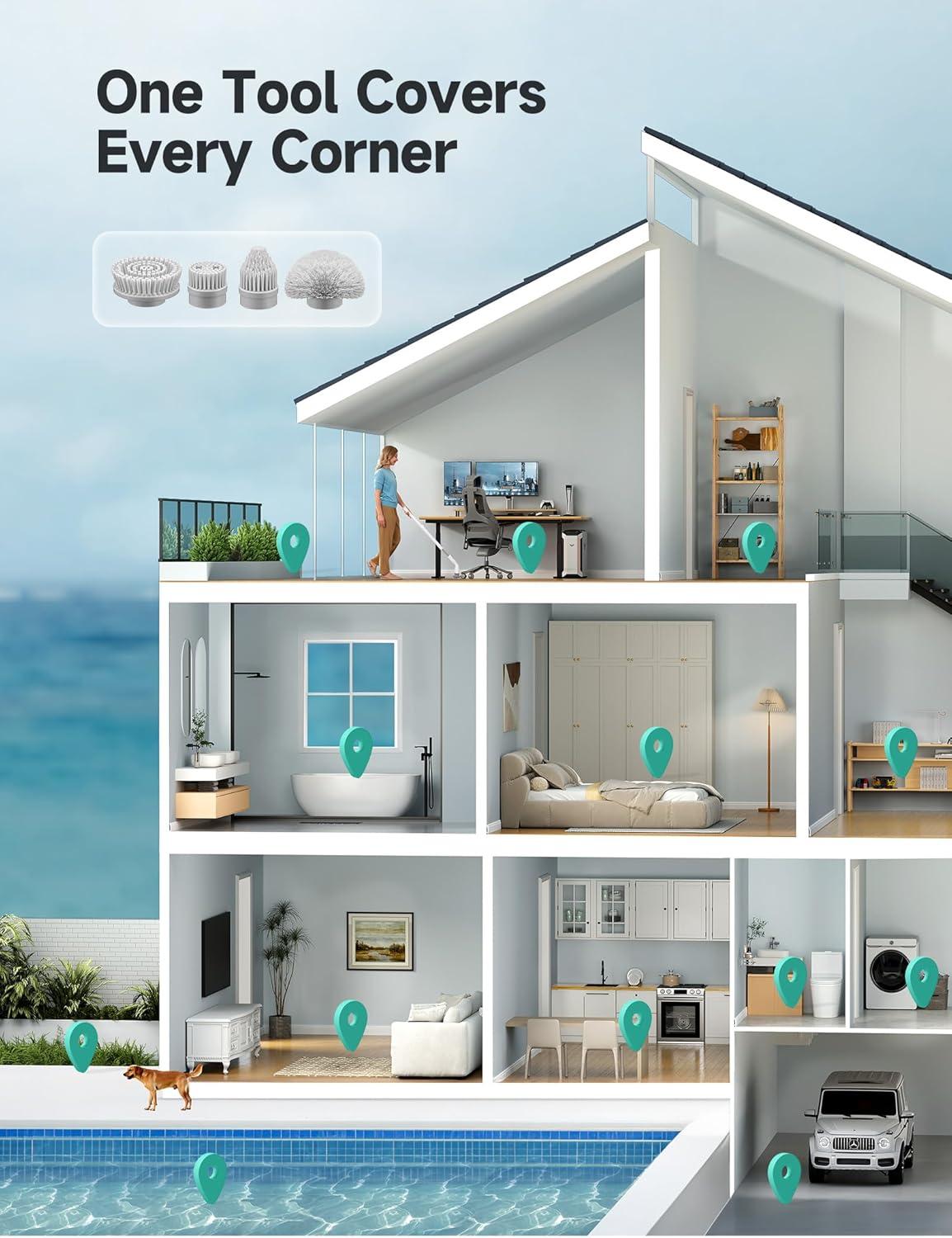 HiCOZY Electric Spin Scrubber, Cordless Shower Scrubbe with Adjustable Handle, Floor Scrubber, Cleaning Brush Household Tools