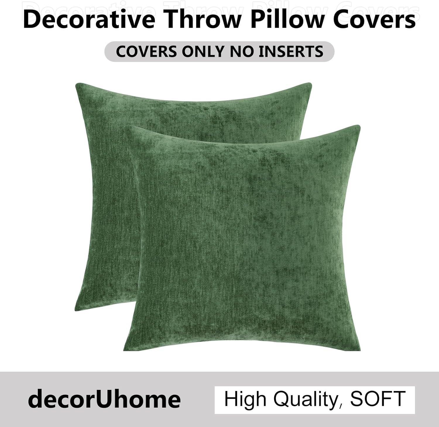 Green Chenille 18x18 Inch Decorative Pillow Covers, Pack of 2