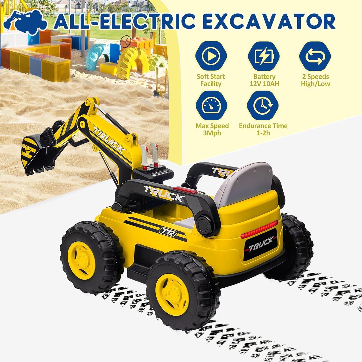 Ride On Excavator for Kids, 4WD Electric Excavator Toy, 12V Battery Powered Construction Truck Digger with Remote Control