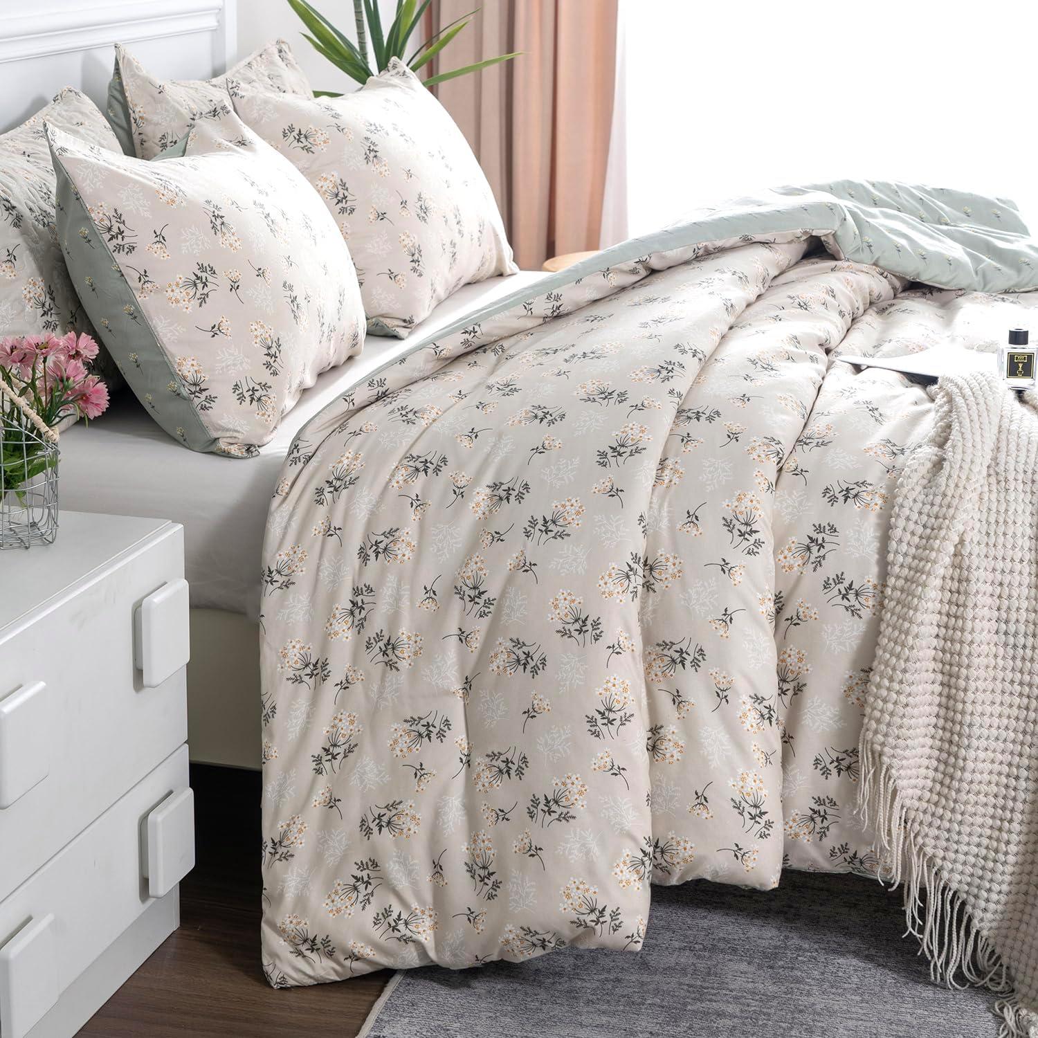 Floral Comforter Set King 3 Pieces Soft Chic Garden Style Green Floral Print Lightweight Botanical Flower Comforter Set for All Seasons 1 Comforter and 2 Pillowcases