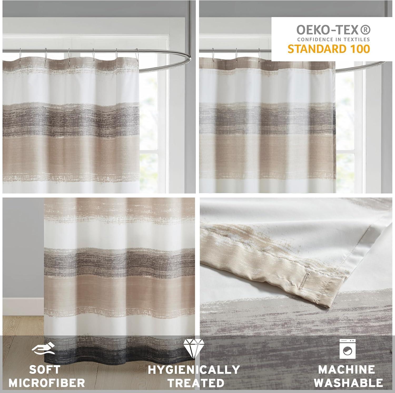 Taupe and Black Watercolor Stripe Shower Curtain with Liner