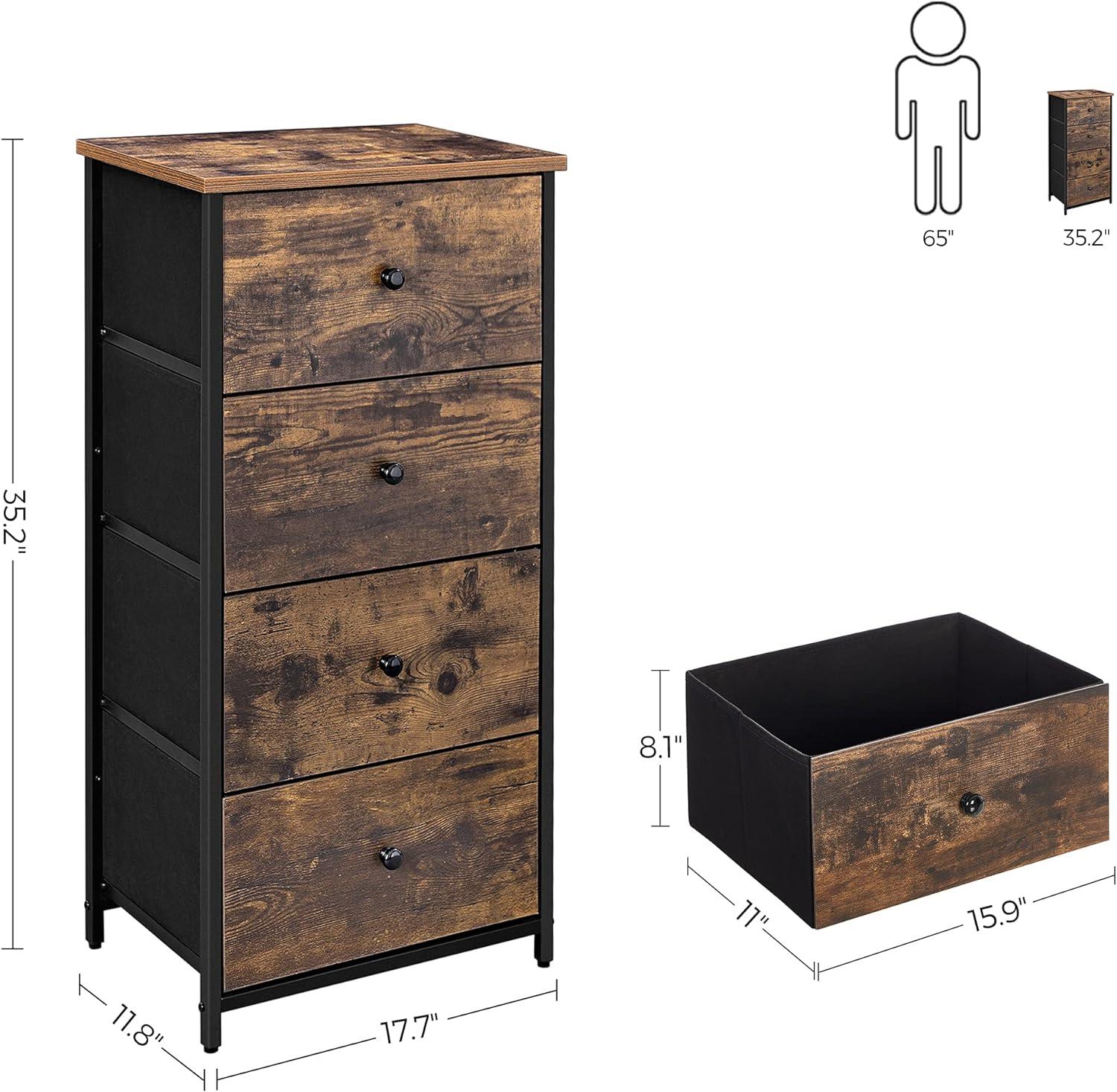 Rustic Brown and Black 4-Drawer Fabric Dresser with Wooden Top