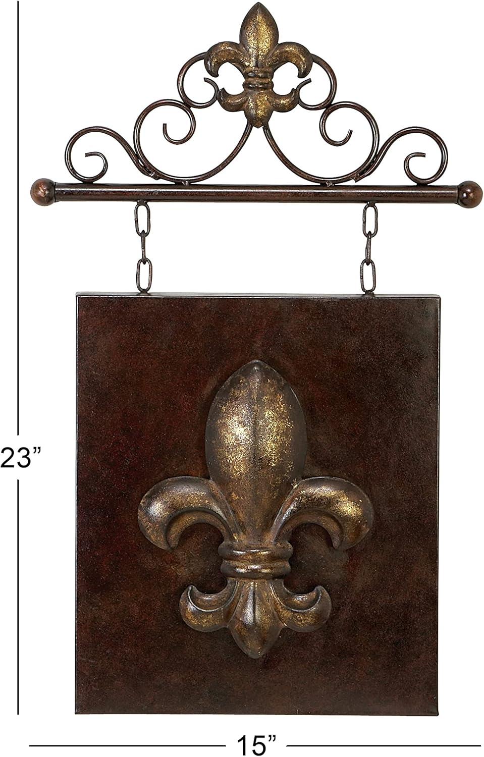 DecMode Bronze Metal Suspended Fleur De Lis Wall Decor with Scrollwork Hanger