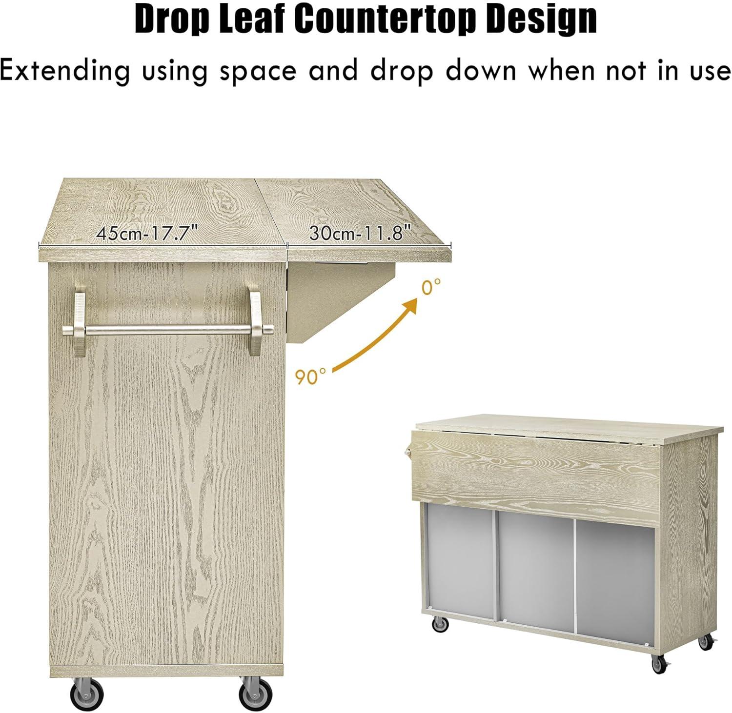 51.2" Ash Veneer Solid Wood Handwoven Kitchen Island with Drop Leaf,Coastal Dining Island on Wheels W/Internal Storage Rack,Rolling Dining Cart,Easy Assembly,for Kitchen,Dining Room,Champagne