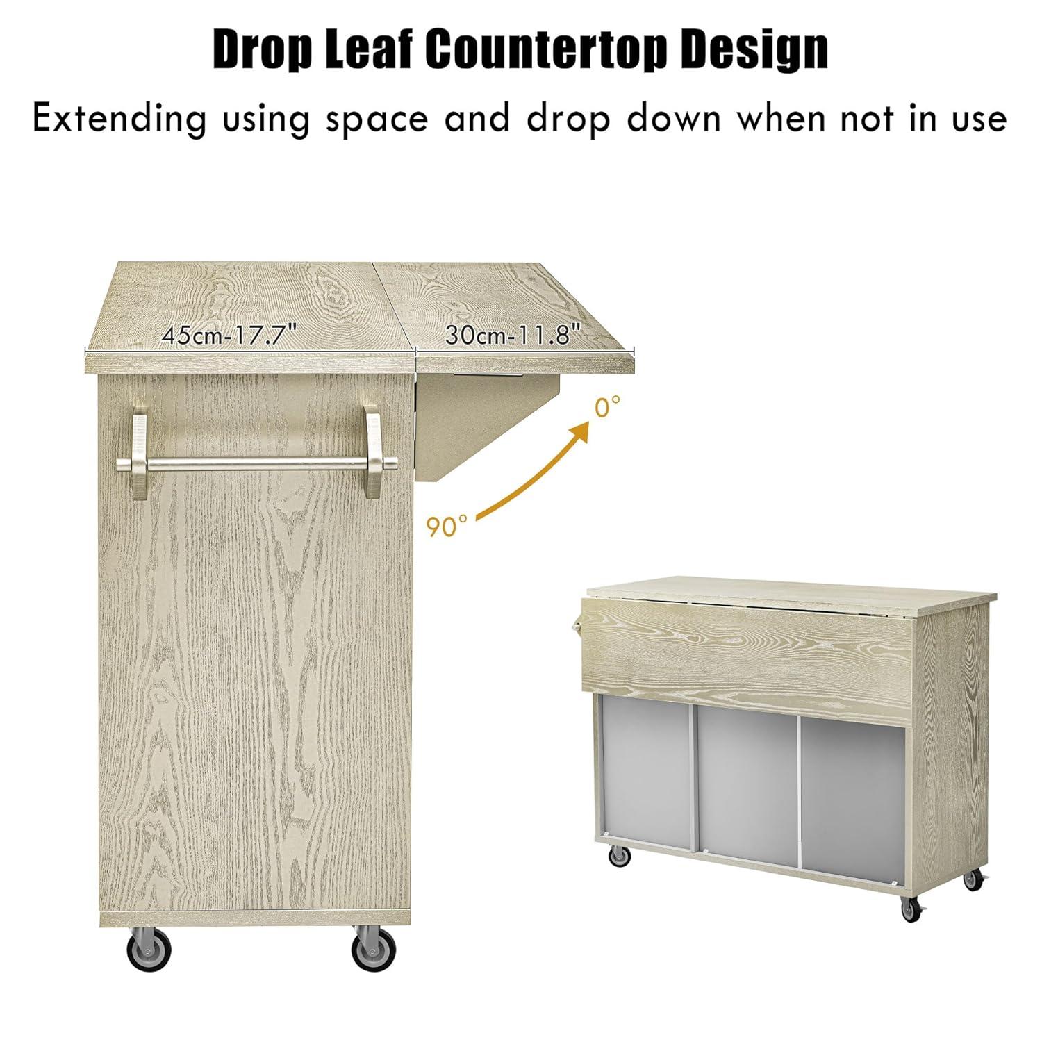 51.2" Ash Veneer Solid Wood Handwoven Kitchen Island with Drop Leaf,Coastal Dining Island on Wheels W/Internal Storage Rack,Rolling Dining Cart,Easy Assembly,for Kitchen,Dining Room,Champagne