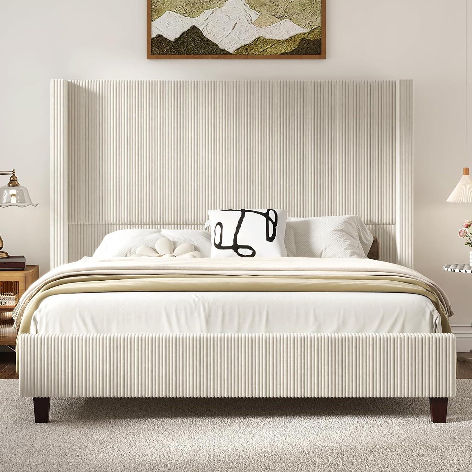 Cream Queen Corduroy Upholstered Bed with Wingback Headboard